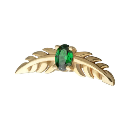14Kt Yellow Gold Threadless Prong Set Emerald Gem Two Sculpted Leaves Top