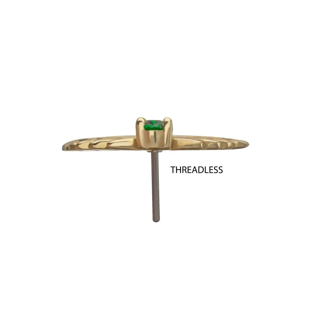 14Kt Yellow Gold Threadless Prong Set Emerald Gem Two Sculpted Leaves Top