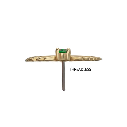 14Kt Yellow Gold Threadless Prong Set Emerald Gem Two Sculpted Leaves Top