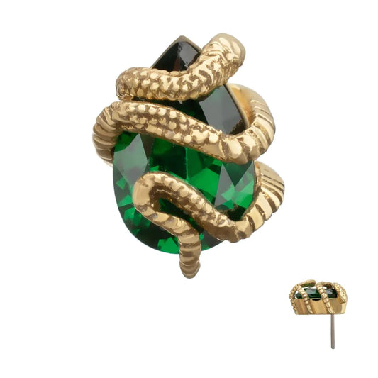 14Kt Yellow Gold Threadless Serpent Wrapped on Teardrop Emerald Top