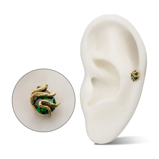 14Kt Yellow Gold Threadless Serpent Wrapped on Teardrop Emerald Top