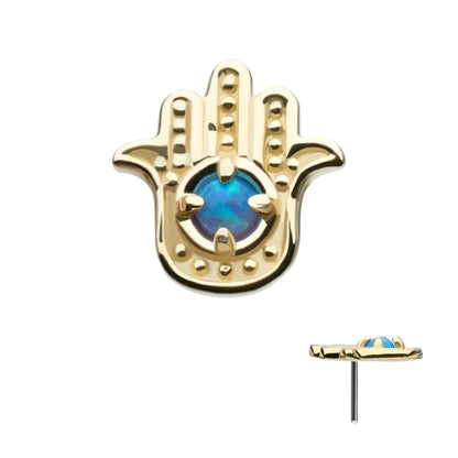 14Kt Yellow Gold Threadless Prong Set Round Blue Opal Hamsa Top