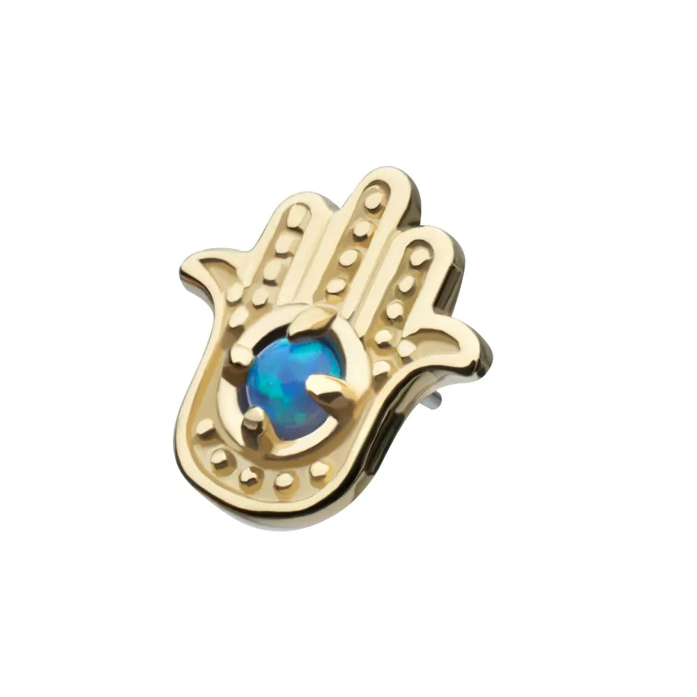 14Kt Yellow Gold Threadless Prong Set Round Blue Opal Hamsa Top