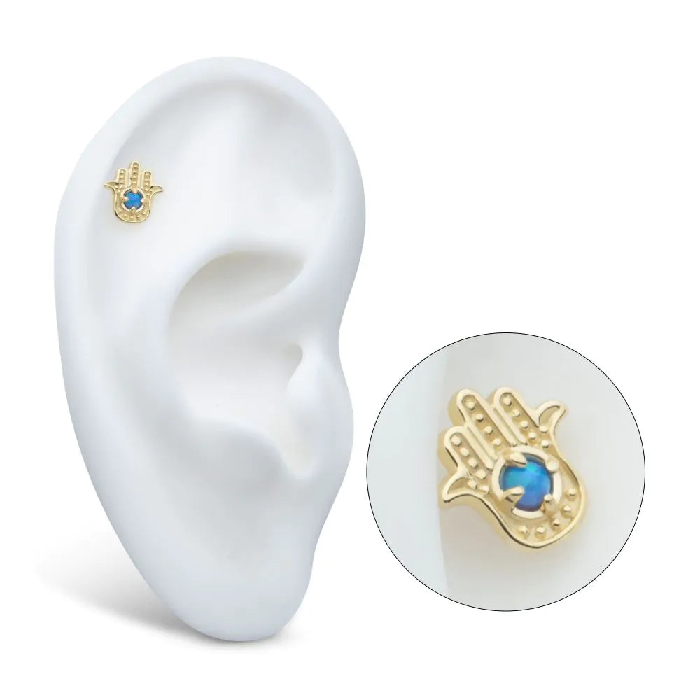 14Kt Yellow Gold Threadless Prong Set Round Blue Opal Hamsa Top