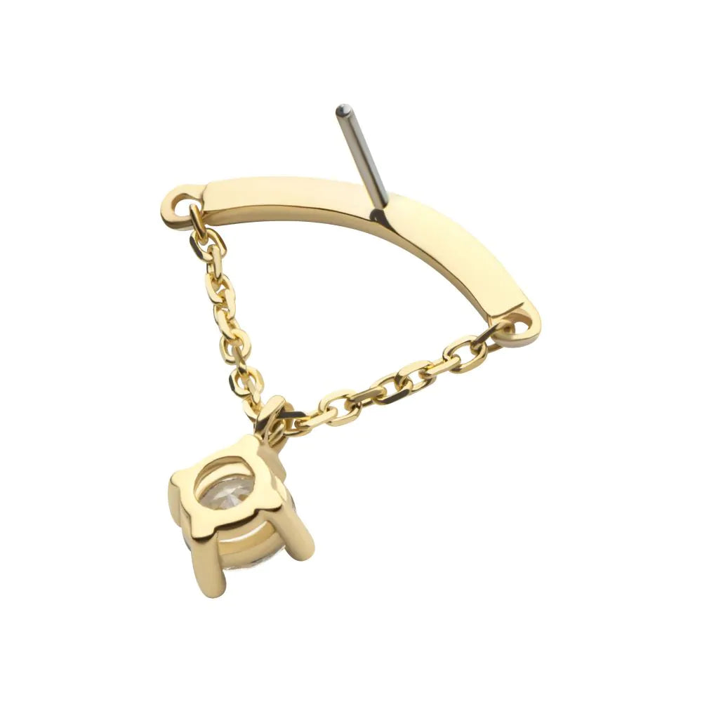 14Kt Yellow Gold Threadless Curve Bar Top with 1 Round Prong Set CZ Dangle Chain