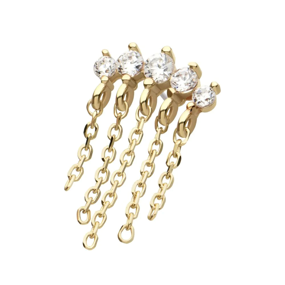 14Kt Yellow Gold Threadless 5 Round Prong Set CZ Curve Bar Top with 5 Dangle Chains