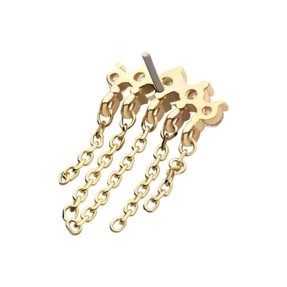 14Kt Yellow Gold Threadless 5 Round Prong Set CZ Curve Bar Top with 5 Dangle Chains