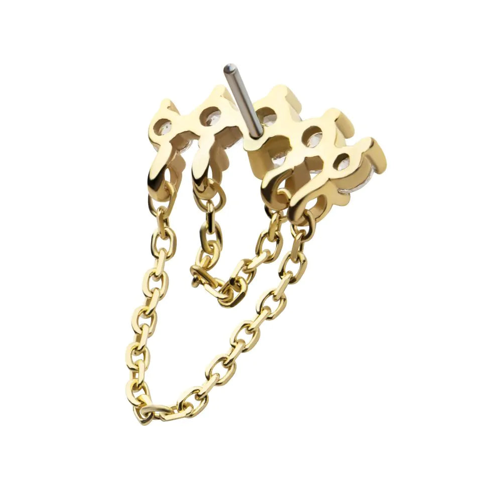 14Kt Yellow Gold Threadless 5 Round Prong Set CZ Curve Bar Top with 2 Tier Dangle Chain