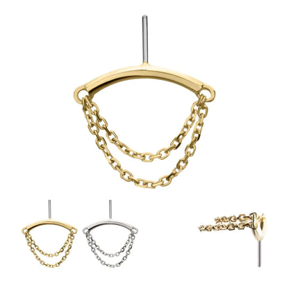 14Kt Gold Threadless Hidden Helix Curved Bar Top with 2-Tier Chain Dangle