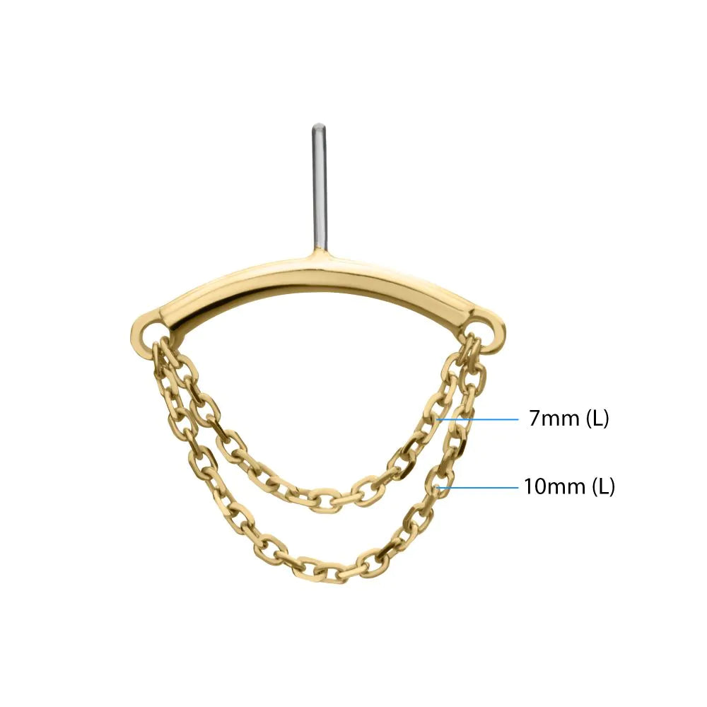 14Kt Gold Threadless Hidden Helix Curved Bar Top with 2-Tier Chain Dangle