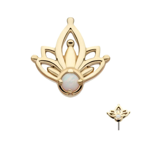 14Kt Yellow Gold Threadless Prong Set Round White Opal Petal Flower Top