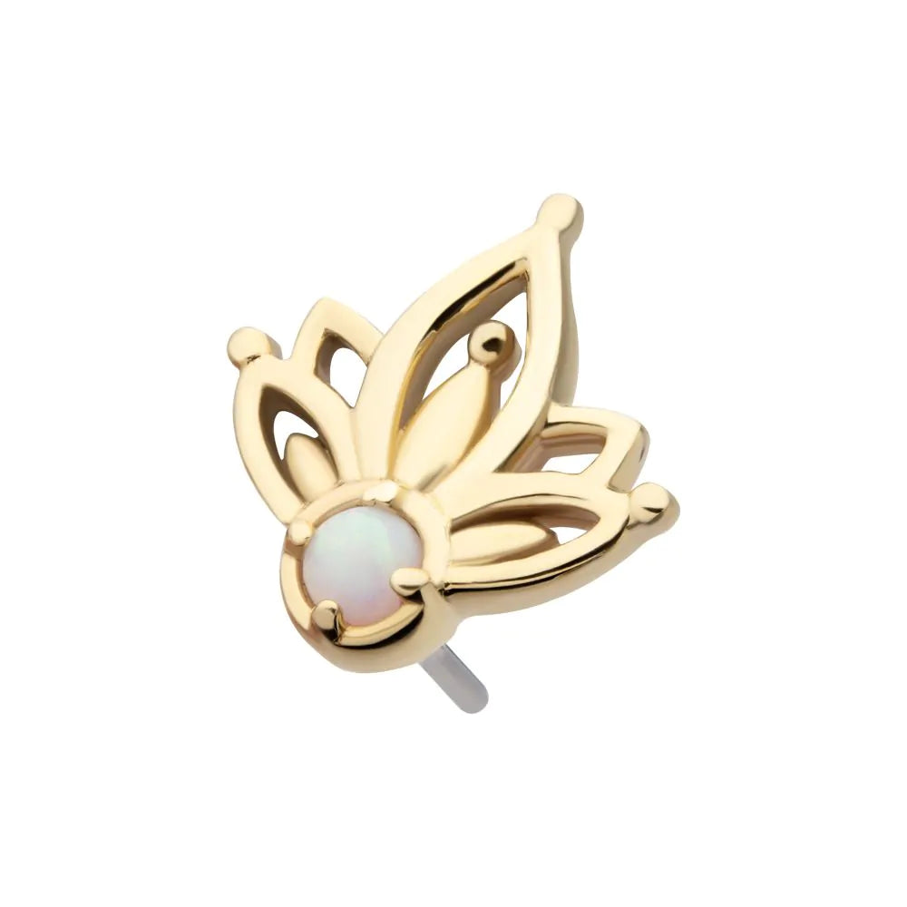 14Kt Yellow Gold Threadless Prong Set Round White Opal Petal Flower Top