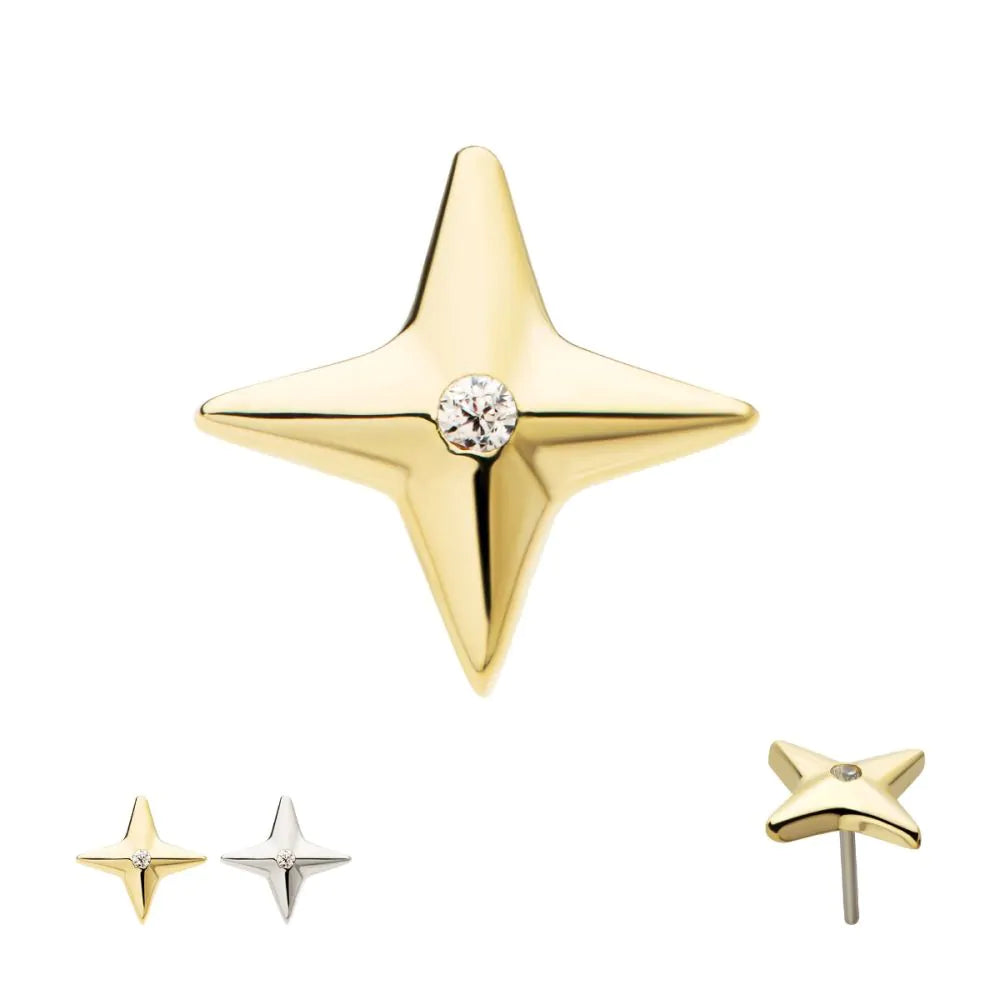 14Kt Gold Threadless Celestial Star with Central CZ Gem Top