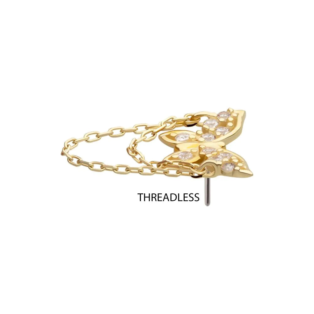 14Kt Gold Threadless Pave Gem Butterfly Top with 2-Tier Chain Dangle