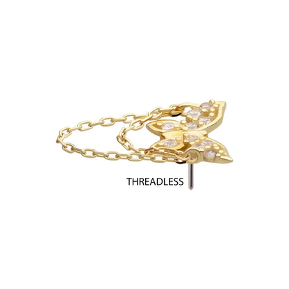 14Kt Gold Threadless Pave Gem Butterfly Top with 2-Tier Chain Dangle