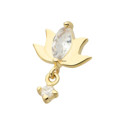 14Kt Yellow Gold Threadless Marquise CZ Lotus Flower Top with Dangle Round CZ Gem