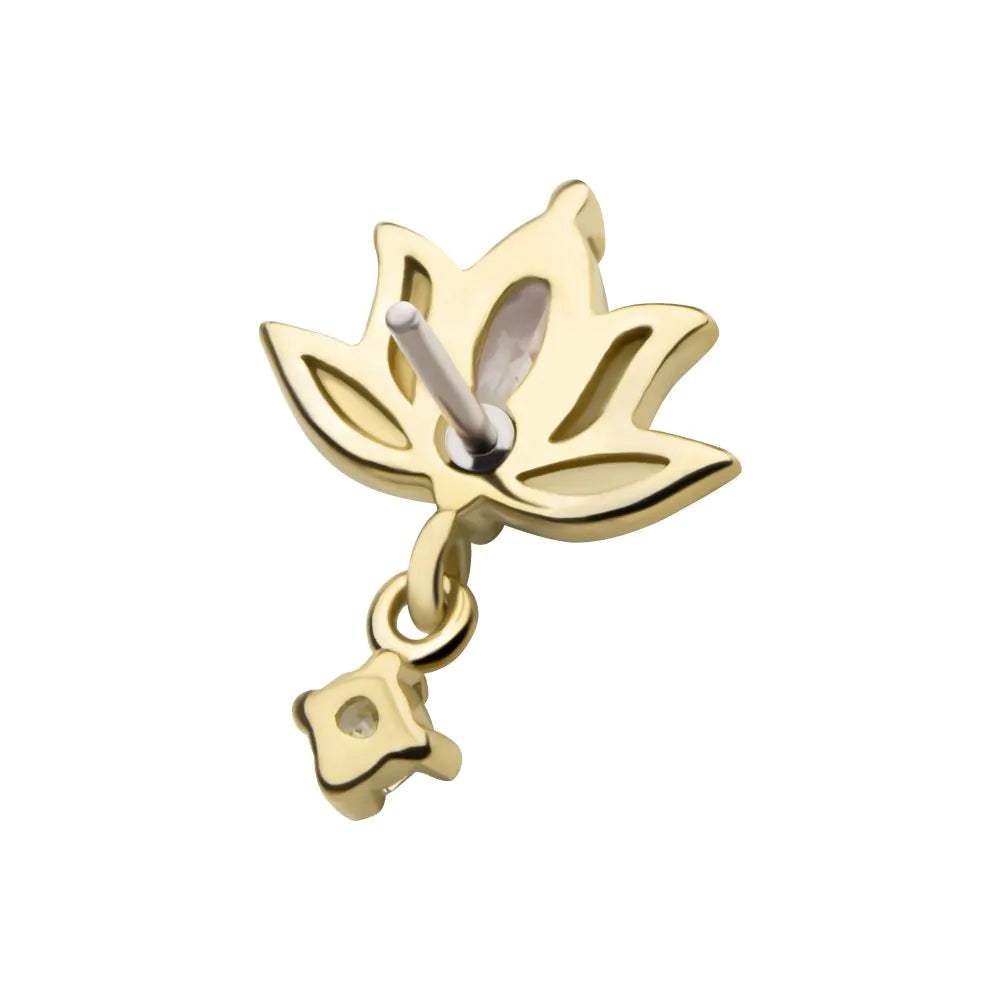 14Kt Yellow Gold Threadless Marquise CZ Lotus Flower Top with Dangle Round CZ Gem