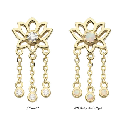 14Kt Yellow Gold Threadless Lotus Flower Top with Bezel Set Round CZ/Opal Triple Dangle Chain