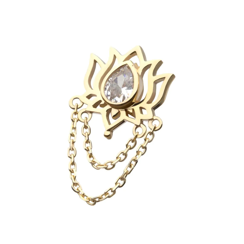 14Kt Yellow Gold Threadless Bezel Teardrop Gem Lotus Flower Top with 2 Tier Dangle Chain