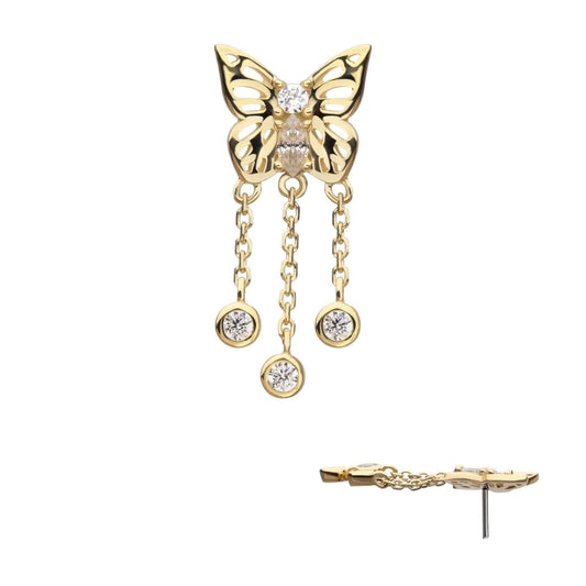 14Kt Yellow Gold Threadless Prong Set Gem Butterfly Top with Triple Dangle Bezel Gem