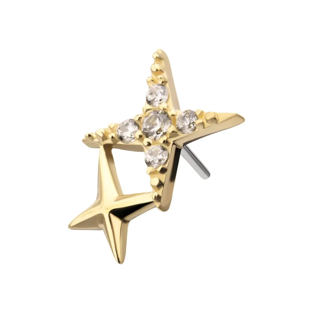 14Kt Yellow Gold Threadless Pave Set Round Gem Double Star Top