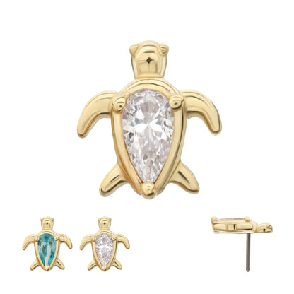 14Kt Yellow Gold Threadless 3-Prong Teardrop Gem Turtle Top