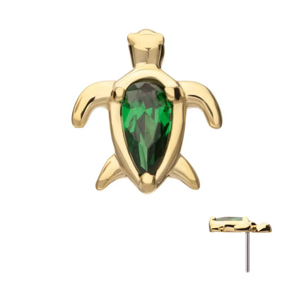 14Kt Yellow Gold Threadless Teardrop Prong Set Gem Turtle Top