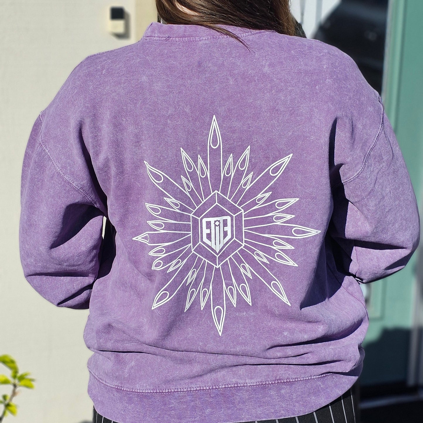 Purple Acid Wash Needle Flower Crew Neck Sweatshirt