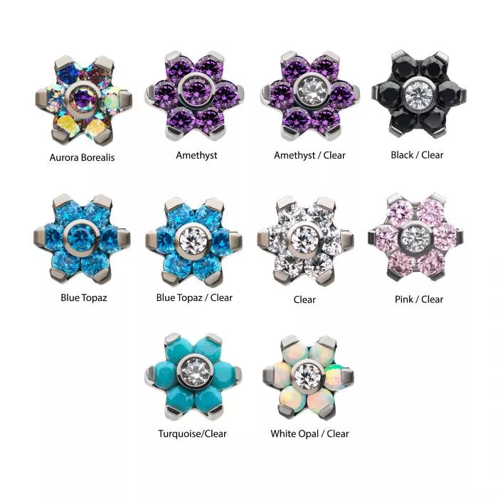 Titanium Threadless with Prong Set 7 CZ Flower Top