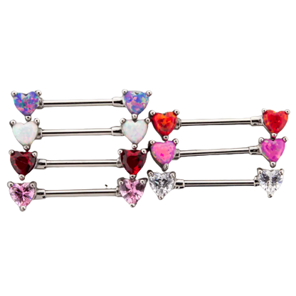 Front Facing Opal & Gem Heart Nipple Bars