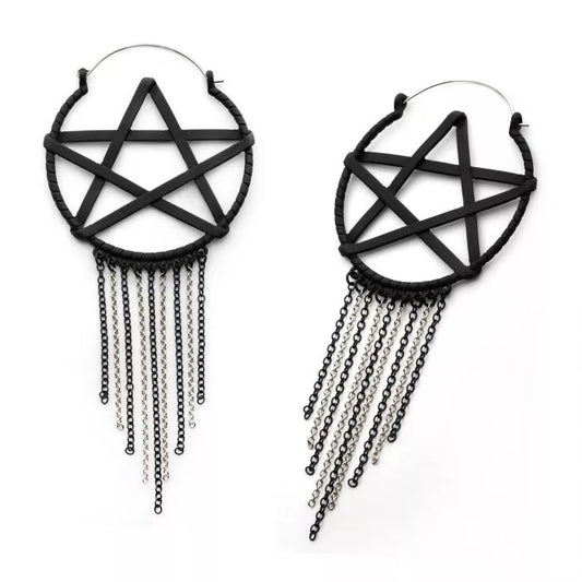 Black Pentagram Chain Dangle Hanger Earrings