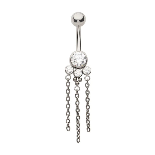 Titanium Internally Threaded Bezel Set Round Gem Cluster Navel with Tri-Bead and Triple Chain Dangle