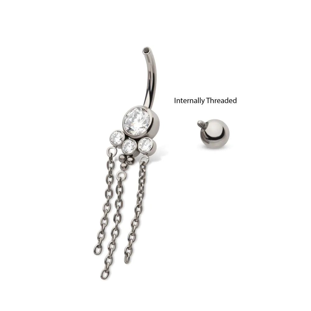 Titanium Internally Threaded Bezel Set Round Gem Cluster Navel with Tri-Bead and Triple Chain Dangle