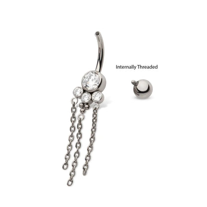 Titanium Internally Threaded Bezel Set Round Gem Cluster Navel with Tri-Bead and Triple Chain Dangle