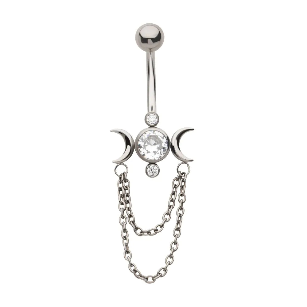 Titanium Internally Threaded Bezel Set Round Gem Triple Moon Phase Navel with 2-Tier Chain Dangle