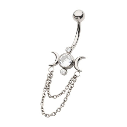 Titanium Internally Threaded Bezel Set Round Gem Triple Moon Phase Navel with 2-Tier Chain Dangle