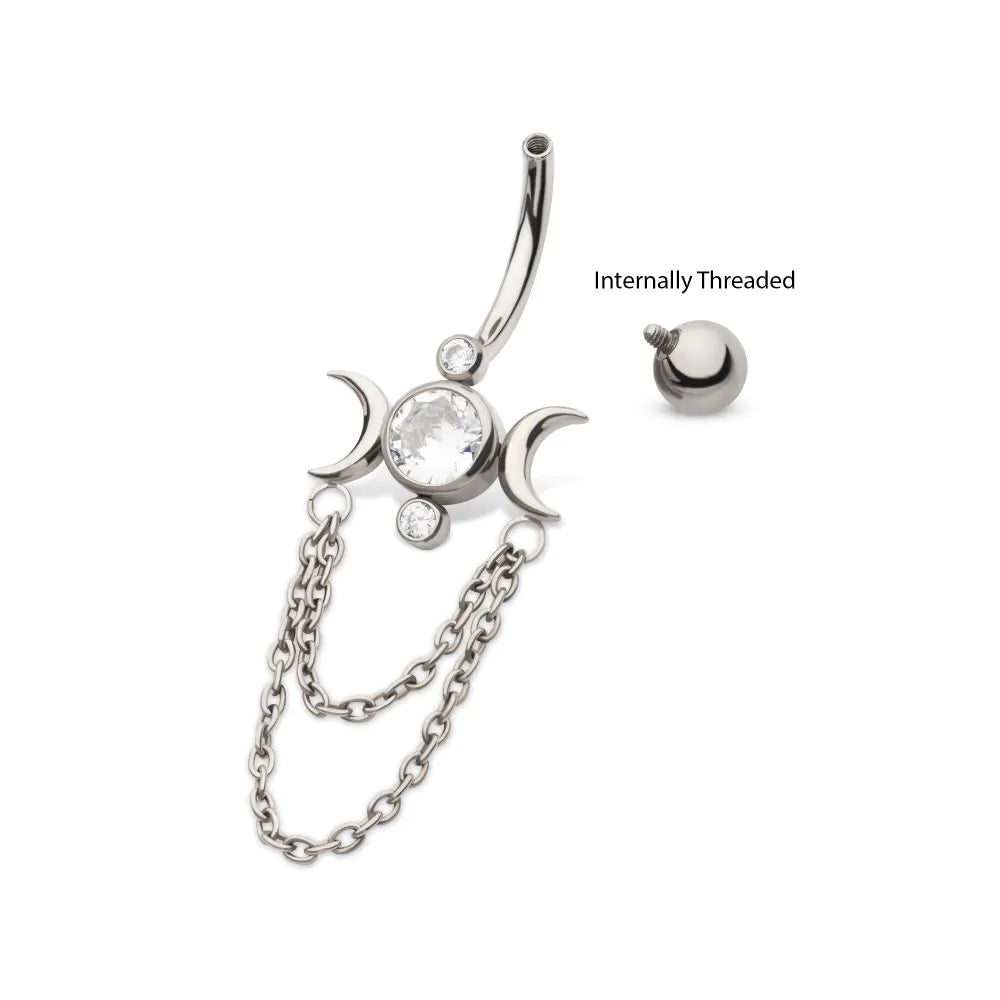 Titanium Internally Threaded Bezel Set Round Gem Triple Moon Phase Navel with 2-Tier Chain Dangle