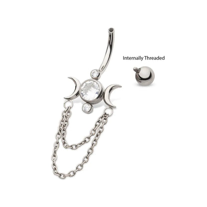 Titanium Internally Threaded Bezel Set Round Gem Triple Moon Phase Navel with 2-Tier Chain Dangle