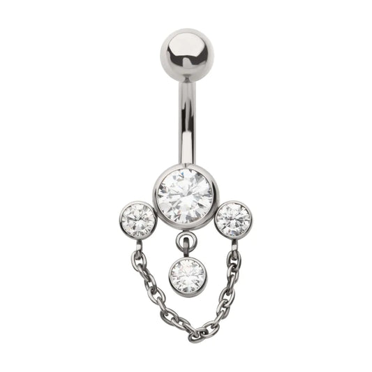 Titanium Internally Threaded Bezel Set Round Gem Fan Navel with Floating Gem and Chain Dangle