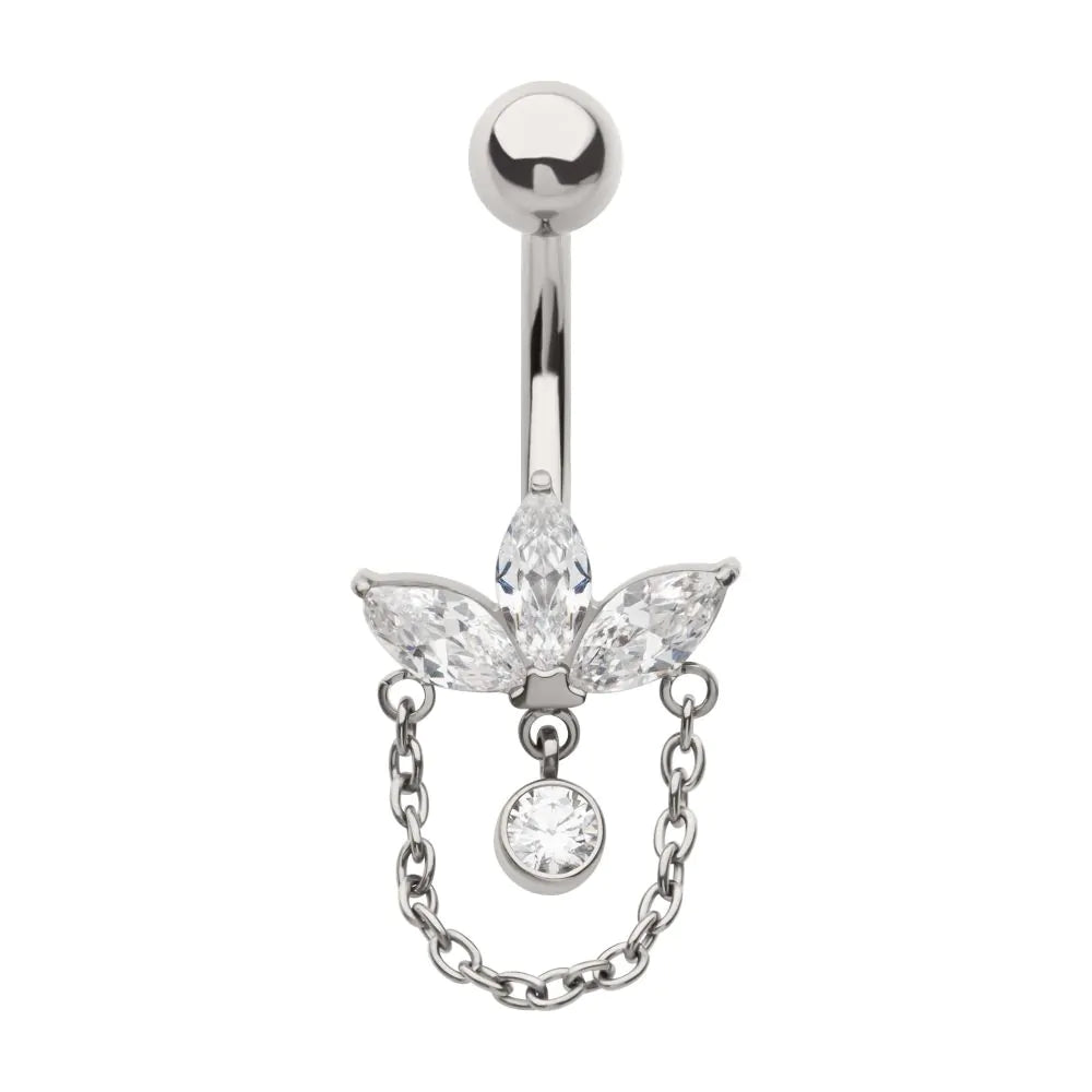 Titanium Internally Threaded Marquise Gem Fan Navel with Floating Gem and Chain Dangle