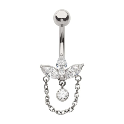 Titanium Internally Threaded Marquise Gem Fan Navel with Floating Gem and Chain Dangle