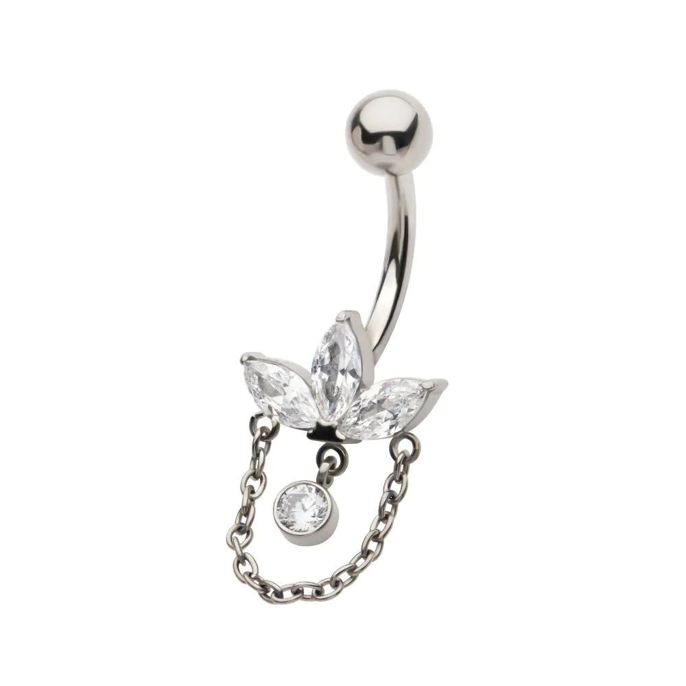 Titanium Internally Threaded Marquise Gem Fan Navel with Floating Gem and Chain Dangle