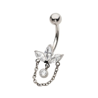 Titanium Internally Threaded Marquise Gem Fan Navel with Floating Gem and Chain Dangle