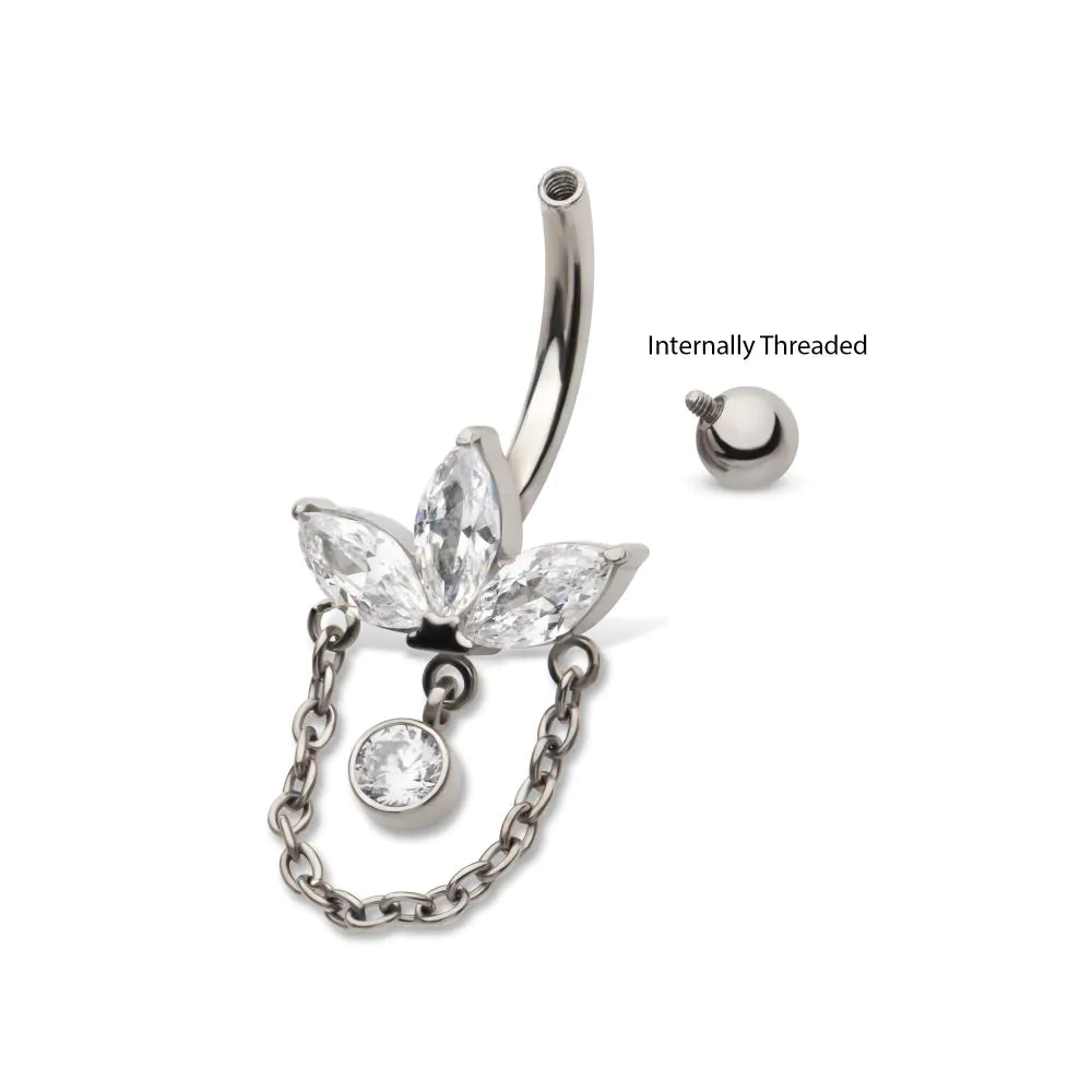 Titanium Internally Threaded Marquise Gem Fan Navel with Floating Gem and Chain Dangle