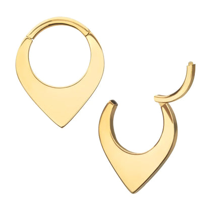 24Kt Gold PVD Titanium Teardrop Flat Hoop Front Facing Hinged Segment Clicker