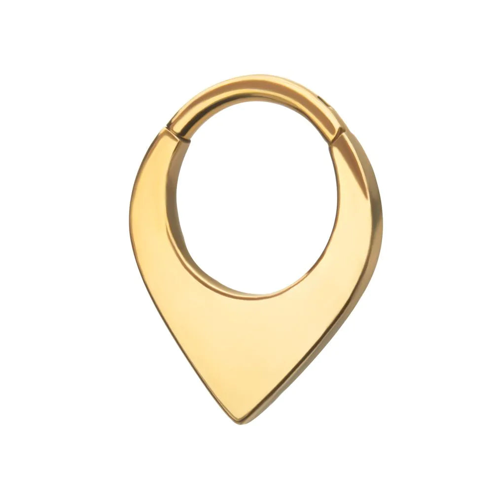 24Kt Gold PVD Titanium Teardrop Flat Hoop Front Facing Hinged Segment Clicker