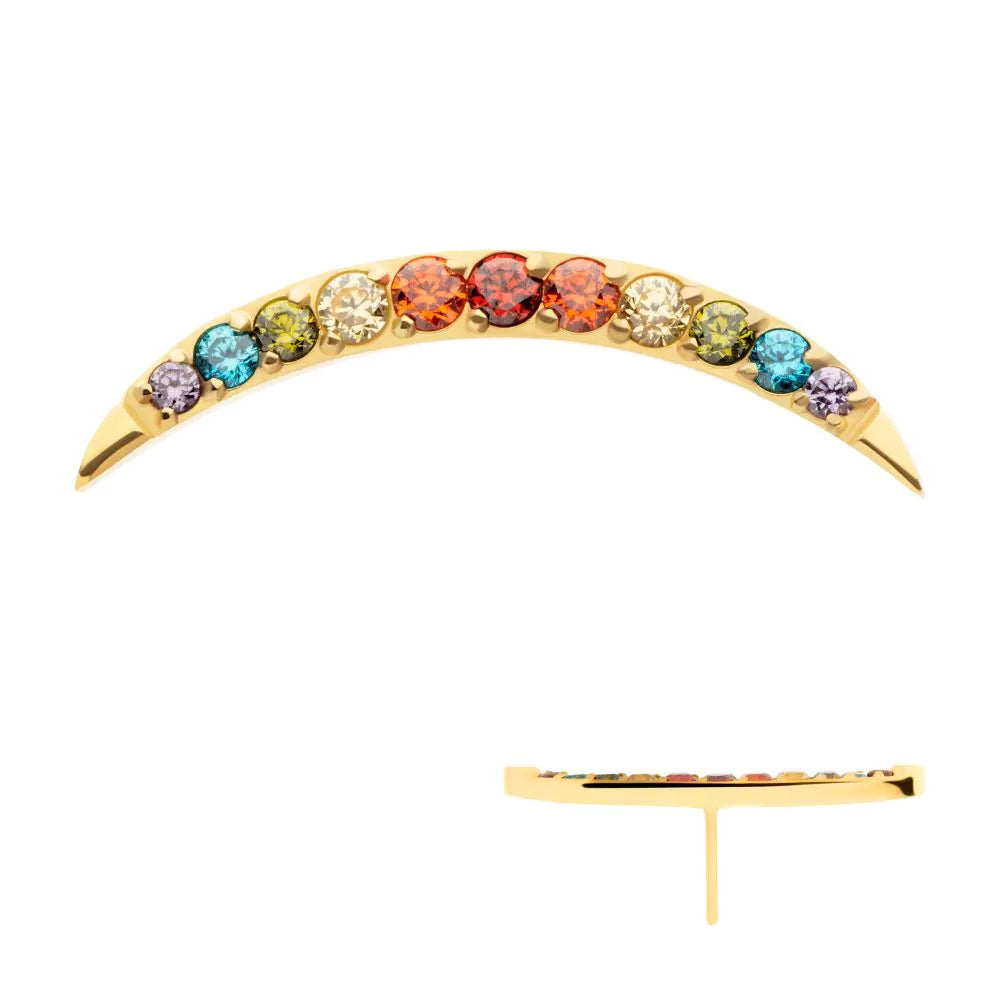 24Kt Gold PVD Titanium Threadless Multicolor CZ Curved Bar Top