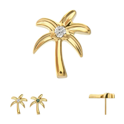 24Kt Gold PVD Titanium Threadless Low Profile 3D Palm Tree Top With Prong Set Gem