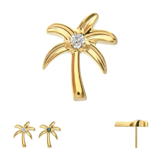 24Kt Gold PVD Titanium Threadless Low Profile 3D Palm Tree Top With Prong Set Gem
