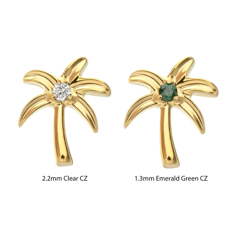 24Kt Gold PVD Titanium Threadless Low Profile 3D Palm Tree Top With Prong Set Gem
